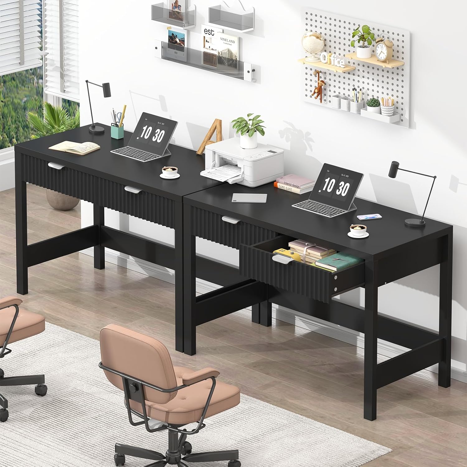 YOMILUVE Fluted Computer Desk with 2 Drawers, 39 Inch Small Computer Desk with Storage, Compact Writing Study Desk for Small Spaces, Black
