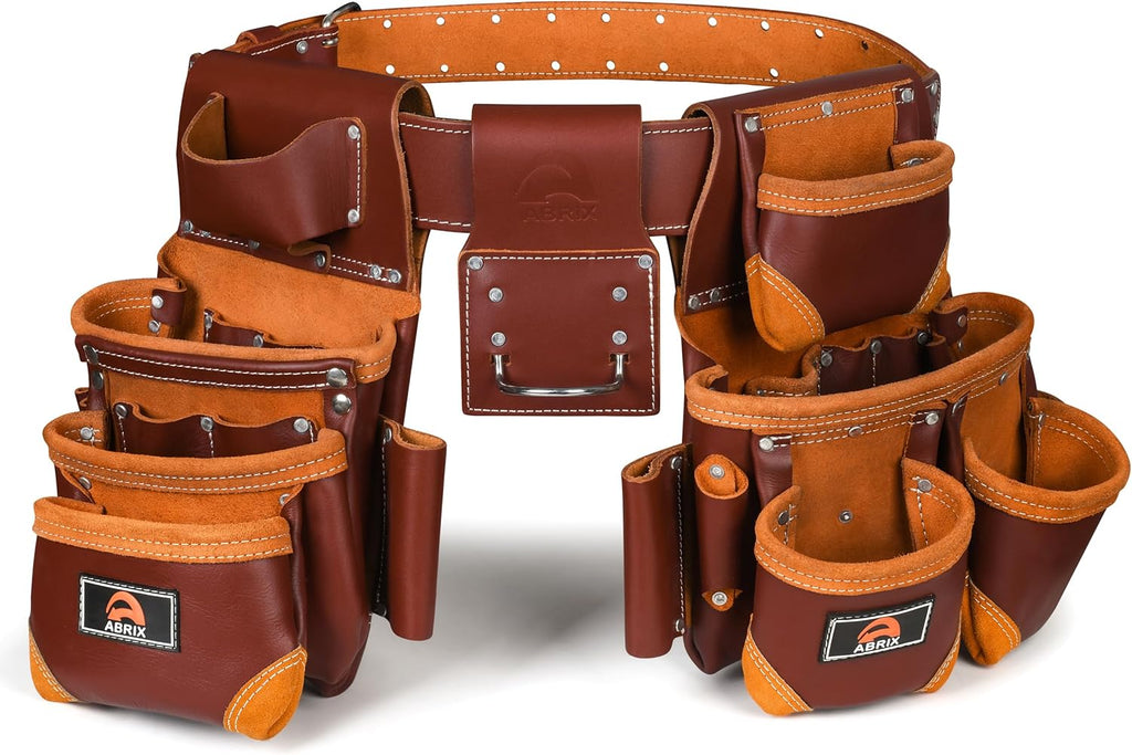ABRIX Heavy Duty Tool Belt for Men – 4MM Thick Genuine Leather, Brass Buckle & Rivets | Foam Padded Comfort | 28-Pocket Carpenter & Framing Rig | Fits Waist 32 to 52 Inches | Professional Work Belt