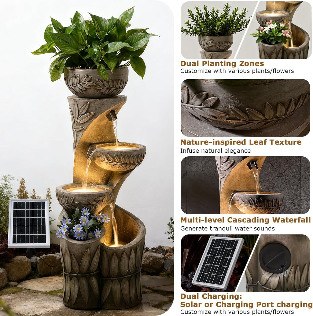 4 Tiered Solar Water Fountain Outdoor Garden, 35.6' Tall Cascading Bowl Leaf Carved Outdoor Waterfall Fountains Modern Water Feature with Dual Planters for Garden, Patio, Deck, Yard, Indoor Decor