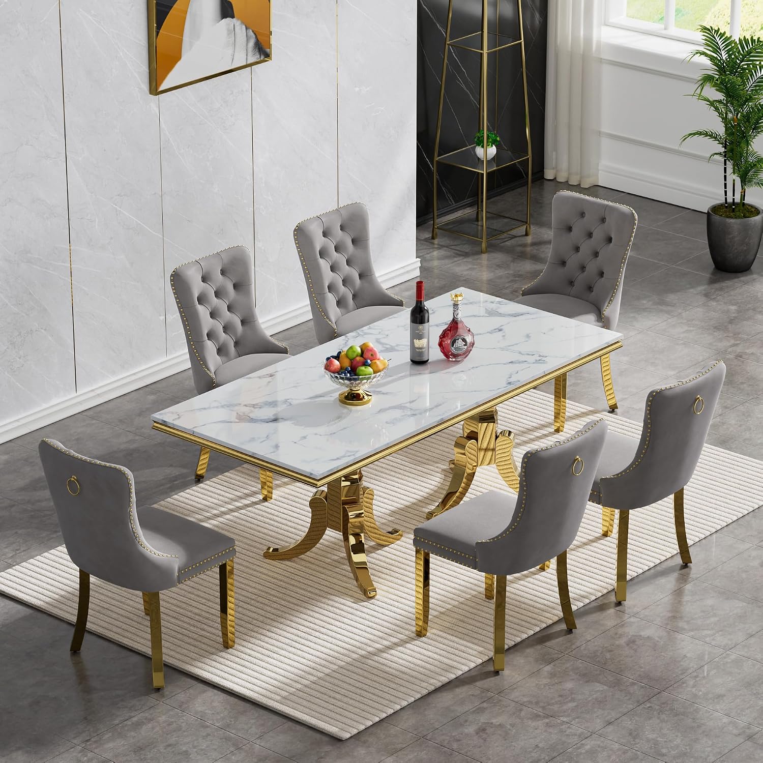 2 Piece Contemporary Velvet Upholstered Dining Chair with Chrome Stainless Steel Plating Legs, Nail Head Decro, Armless Tufted Dining Chair Fabric Dining Room Chair (Gray&Gold, Set of 2)