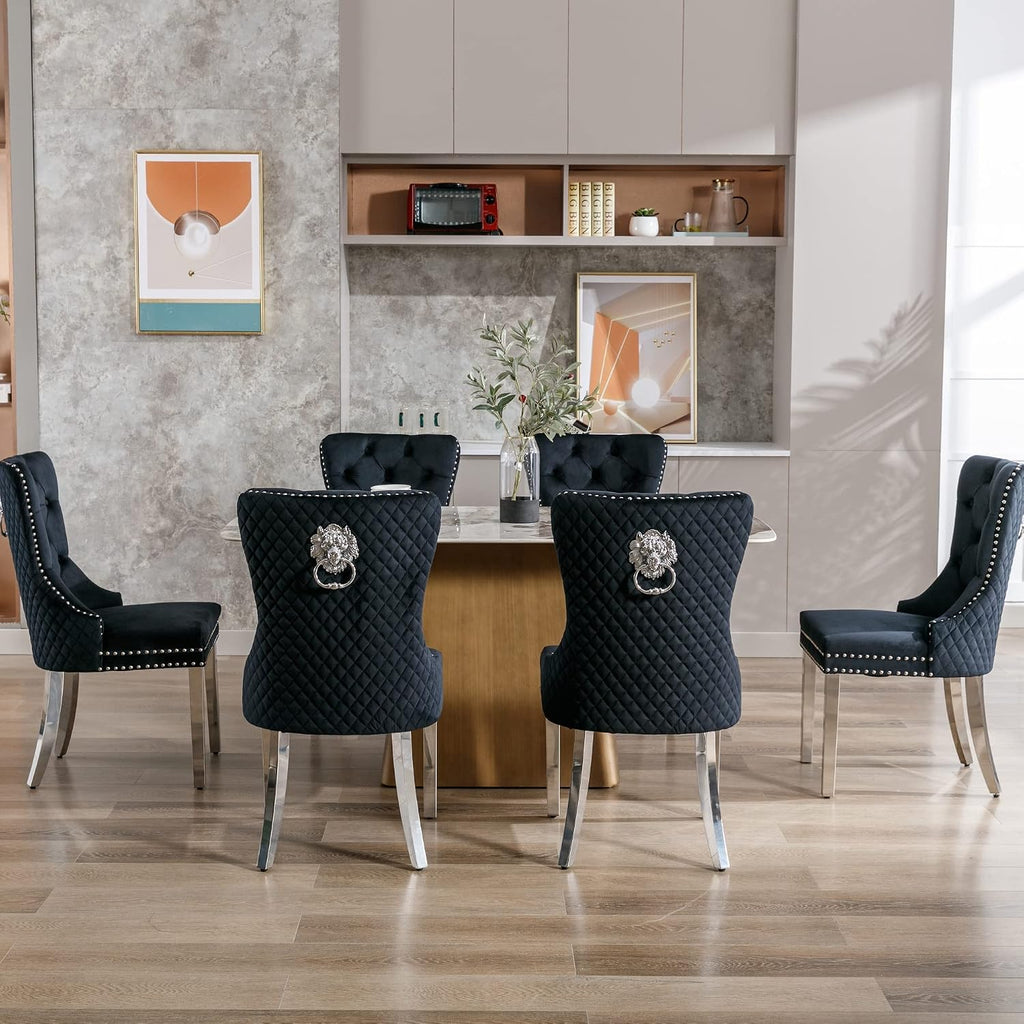 Velvet Dining Chairs Set of 6, Upholstered Dining Room Chairs, Mid-Century Modern Chairs with Diamond Lattice Tufted Back, Lion Pull Ring Rivet Trim, Silver Metal Legs for Kitchen, Black