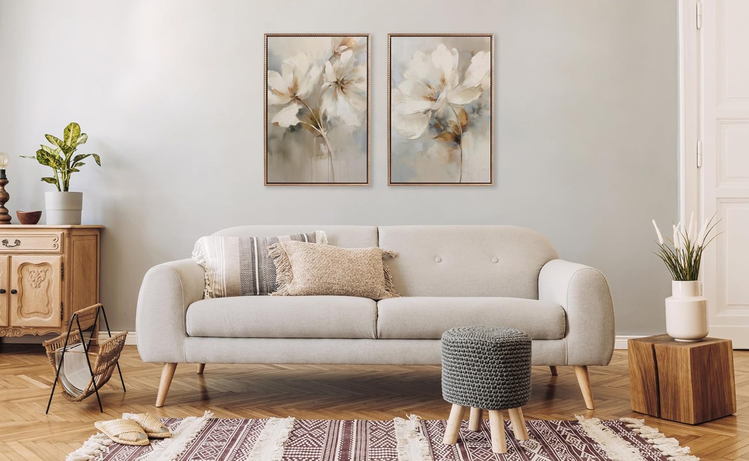 Kate and Laurel Sylvie Beaded Abstract Botanical Floral Linen Painting 1 and 2 Vintage Framed Canvas Wall Art Set by The Creative Bunch Studio, 2 Piece Set 23x33 Gold, Simple Floral Art for Wall