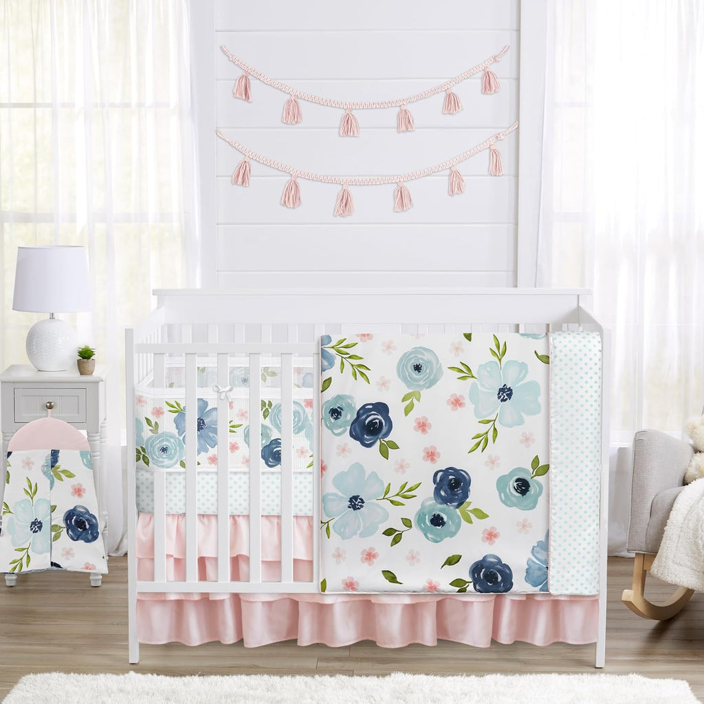 Sweet Jojo Designs Blush Pink Blue Boho Floral Girl Baby Crib Bedding Set Infant Nursery Room BreathableBaby Breathable Mesh Crib Liner Blanket Fitted Sheet Skirt 6p Bohemian Farmhouse Shabby Chic