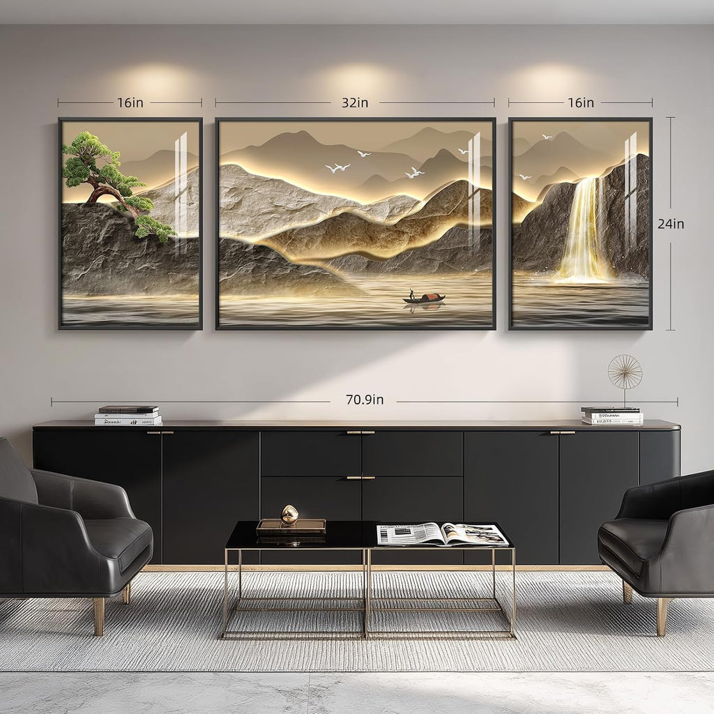 Framed Mountain Wall Art for Living Room, 3 Piece Brown Landscape Painting Prints, Modern Luxury Bright Style Pine Tree Waterfall Artwork for Dining Room,Hallway Office Wall Decor