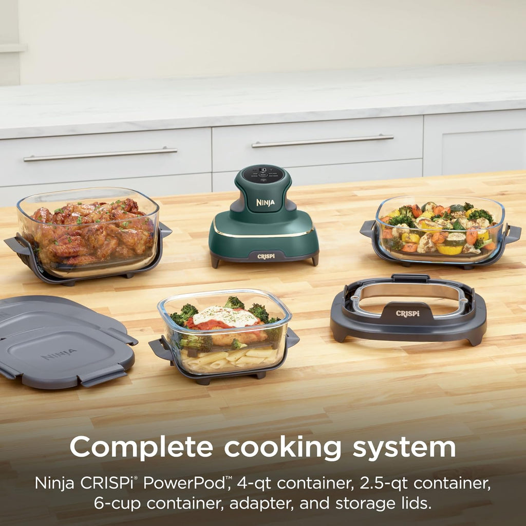Ninja Crispi 5-in-1 Glass Air Fryer | With Nontoxic 2.5 QT, 4QT, 6-Cup Containers & Lids | Microwave, Freezer & Dishwasher Safe | 450°F Max Temp | Green | FN103BF