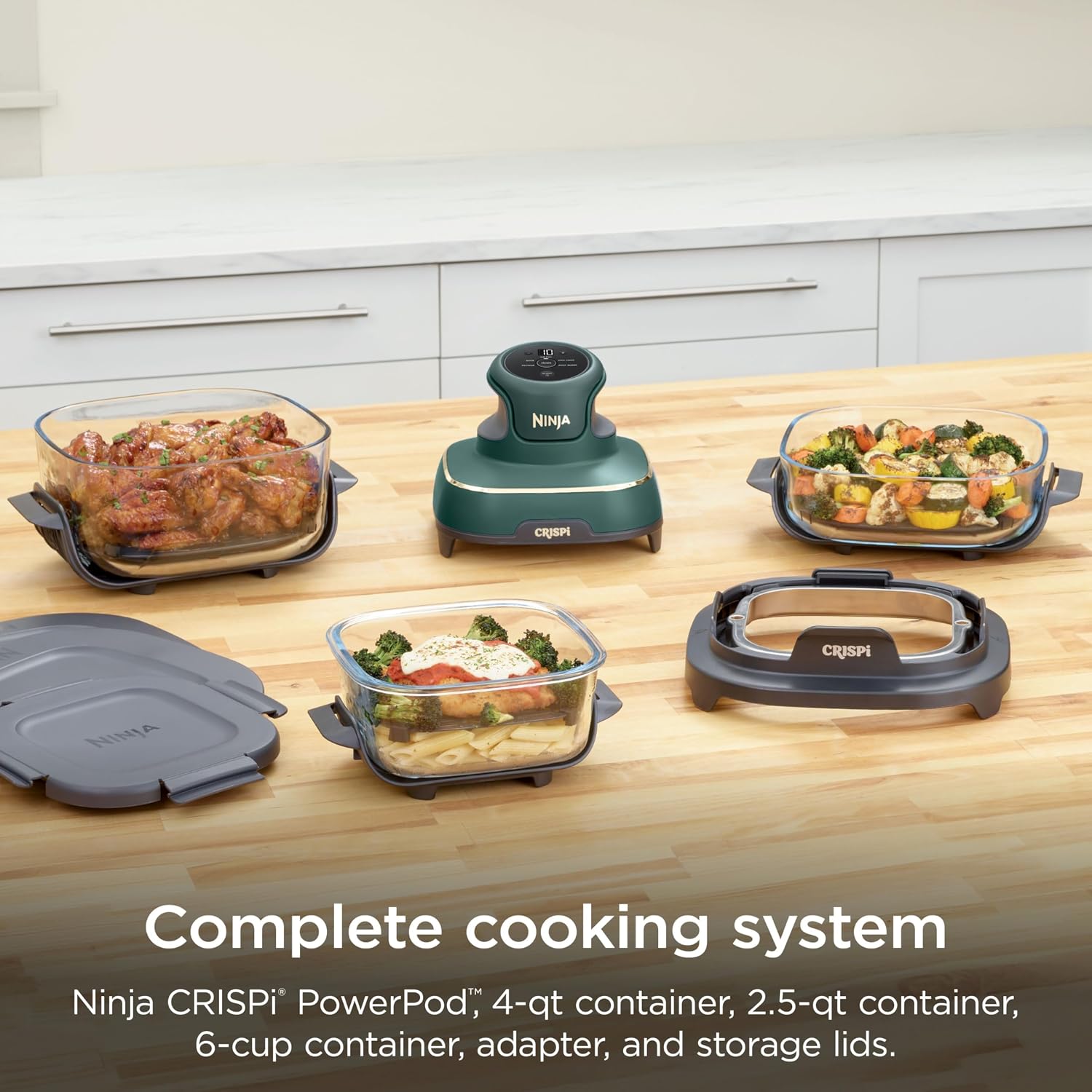 Ninja Crispi 5-in-1 Glass Air Fryer | With Nontoxic 2.5 QT, 4QT, 6-Cup Containers & Lids | Microwave, Freezer & Dishwasher Safe | 450°F Max Temp | Green | FN103BF