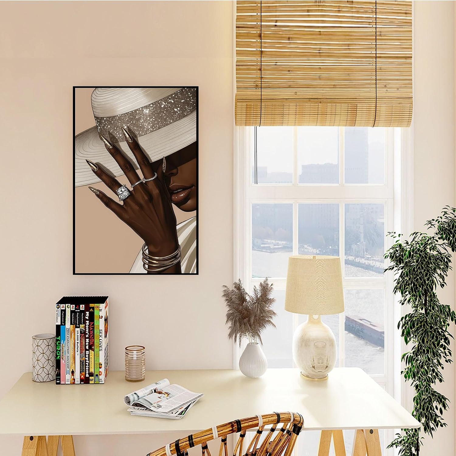 Fashion wall painting Black girl with white hat Canvas painting African poster is a good choice for room decoration Simple art 24x36in Metal blackFramed