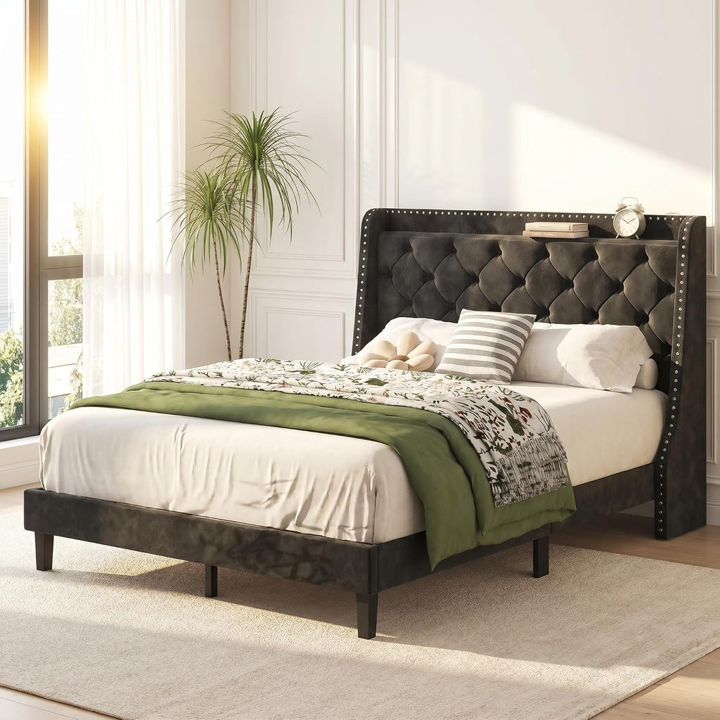 SUNLEI Queen Bed Frame with Storage Headboard, Velvet Upholstered Platform Bed Frame with Wingback Tufted Headboard, Noise Free Wood Slat Support, No Box Spring Needed, Easy Assembly, Black