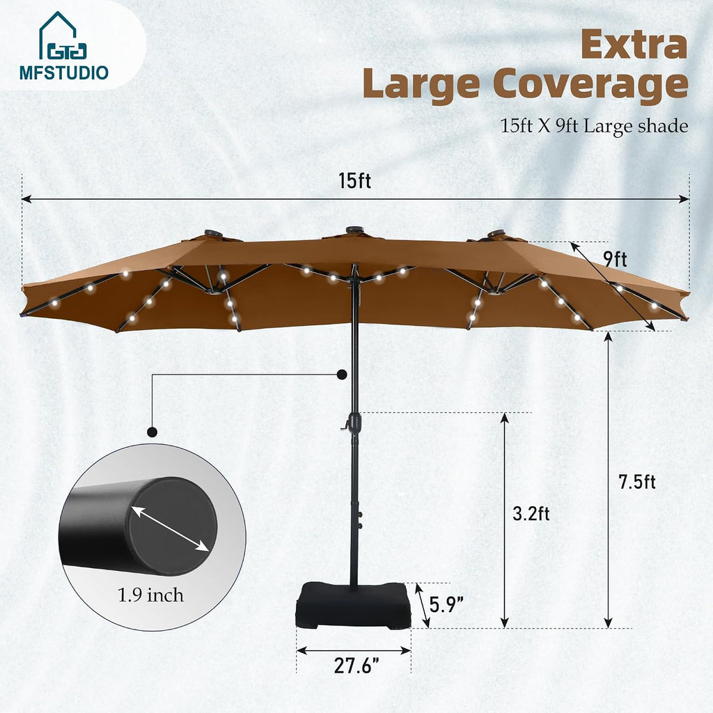 MFSTUDIO 15ft Double Sided Patio Umbrella with Solar Lights, Outdoor Large Umbrellas with Crank Handle and 36 LED Lights, Rectangular Market Umbrella with Base Included for Deck Pool Shade, Tawny