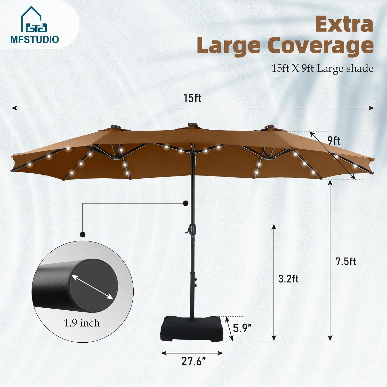 MFSTUDIO 15ft Double Sided Patio Umbrella with Solar Lights, Outdoor Large Umbrellas with Crank Handle and 36 LED Lights, Rectangular Market Umbrella with Base Included for Deck Pool Shade, Tawny