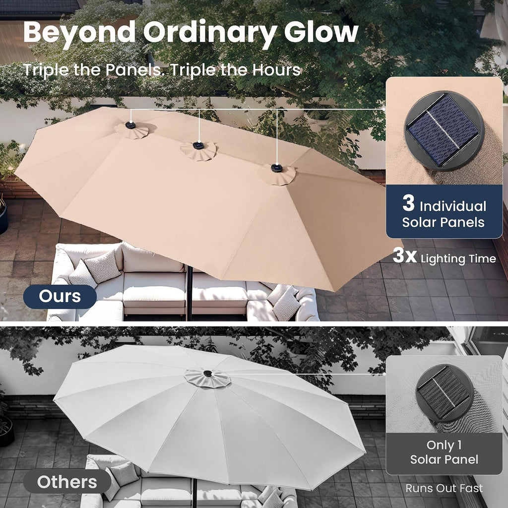 PHI VILLA 15ft Large Patio Umbrella with Base & Solar Lights, Double-Sided Outdoor Rectangle Umbrellas with 36 LED Lights, Umbrella for Outside with Stand, Beige