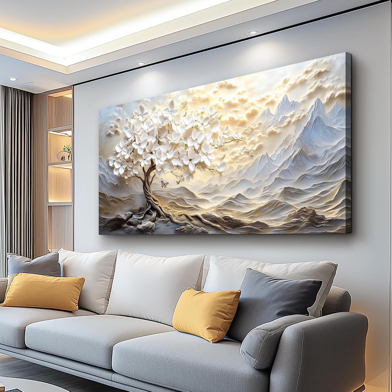 XIGUANGART Large Canvas Wall Art Mountain Landscape Farmhouse Floral Paintings Modern Abstract Artwork for Walls White Tree of Life Pictures for Living Room Bedroom Dining Room Office Home Wall Decor