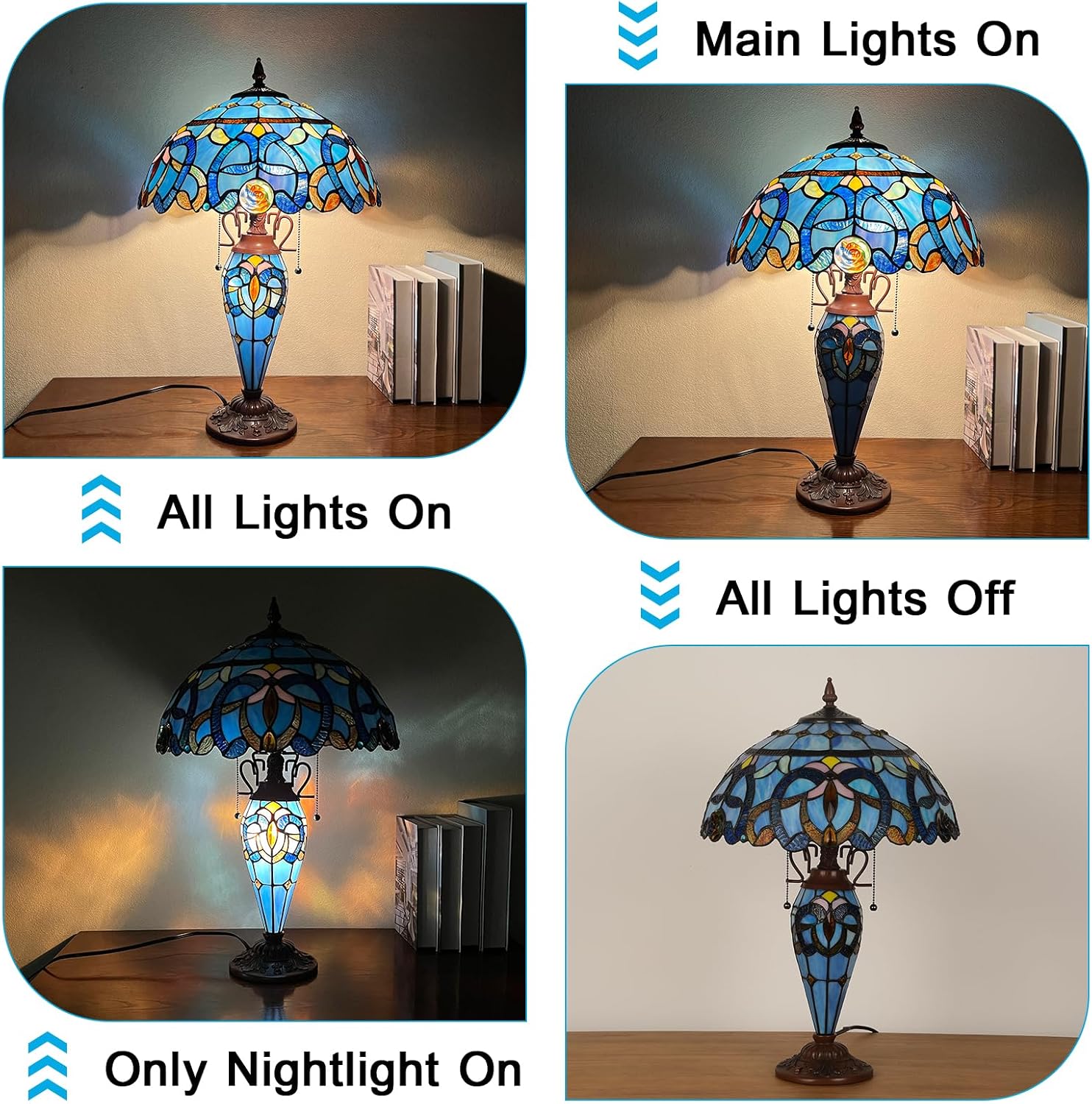 Capulina Tiffany Lamp Stained Glass Table Lamp 3-Light 16x16x24 Inches Blue Brown Style Mother-Daughter Vase Desk Lamp for Bedrooms Living Room Study Home Office