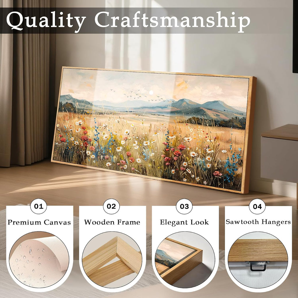 imjiayu Extra Large Wall Art, Landscape Wall Art, Rustic Wall Decor, Country Wildflowers Framed Art Prints, Neutral Oversized Paintings for Living Room Dining Room Farmhouse Home Decoration 29'x57'