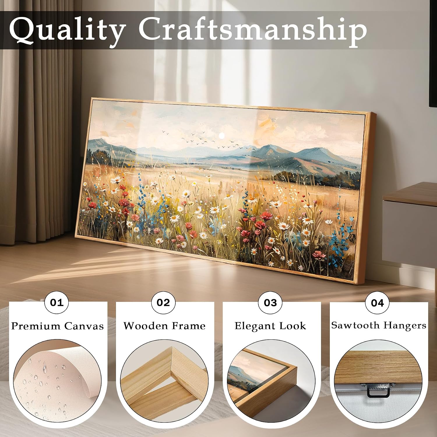 imjiayu Extra Large Wall Art, Landscape Wall Art, Rustic Wall Decor, Country Wildflowers Framed Art Prints, Neutral Oversized Paintings for Living Room Dining Room Farmhouse Home Decoration 29'x57'