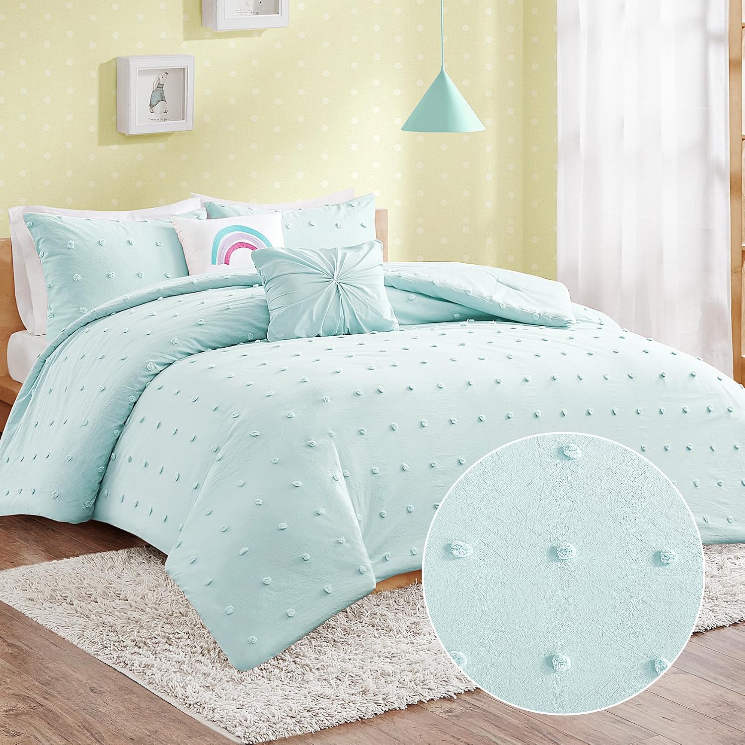 Intelligent Design Kids Callie Cotton Jacquard Weave Colorful Pom Pom Kids Comforter sets, Down Alternative Shabby Chic All Season Girls Bedding, Bedroom Decor, Twin/Twin XL, Aqua 4 Piece
