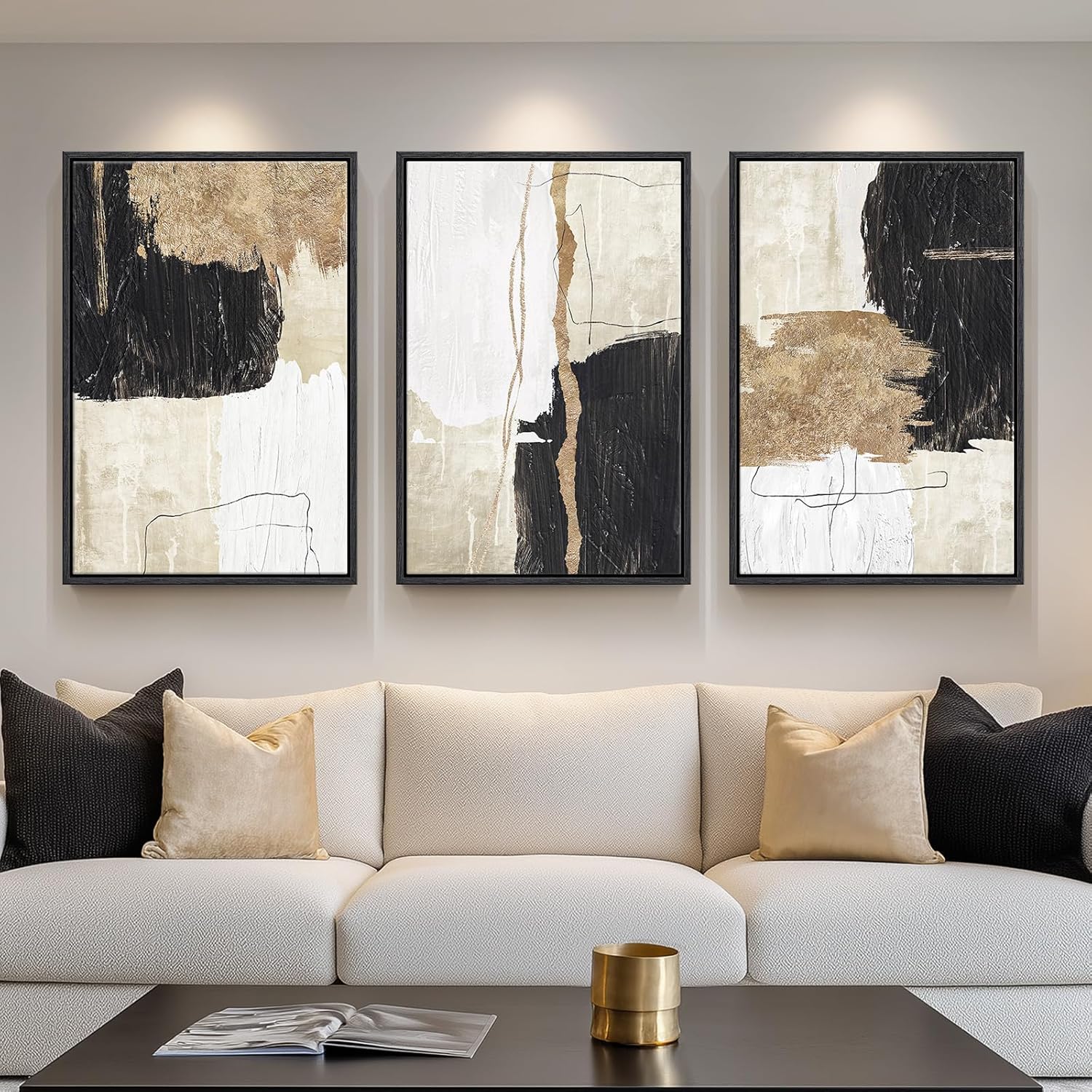 Framed Black and White Abstract Wall Art for Living Room, Large Gold 3 Piece Modern Canvas Prints Artwork for Walls, Black White and Gold Minimalist Paintings for Hallway Office Wall Decor, 24x36 Inch