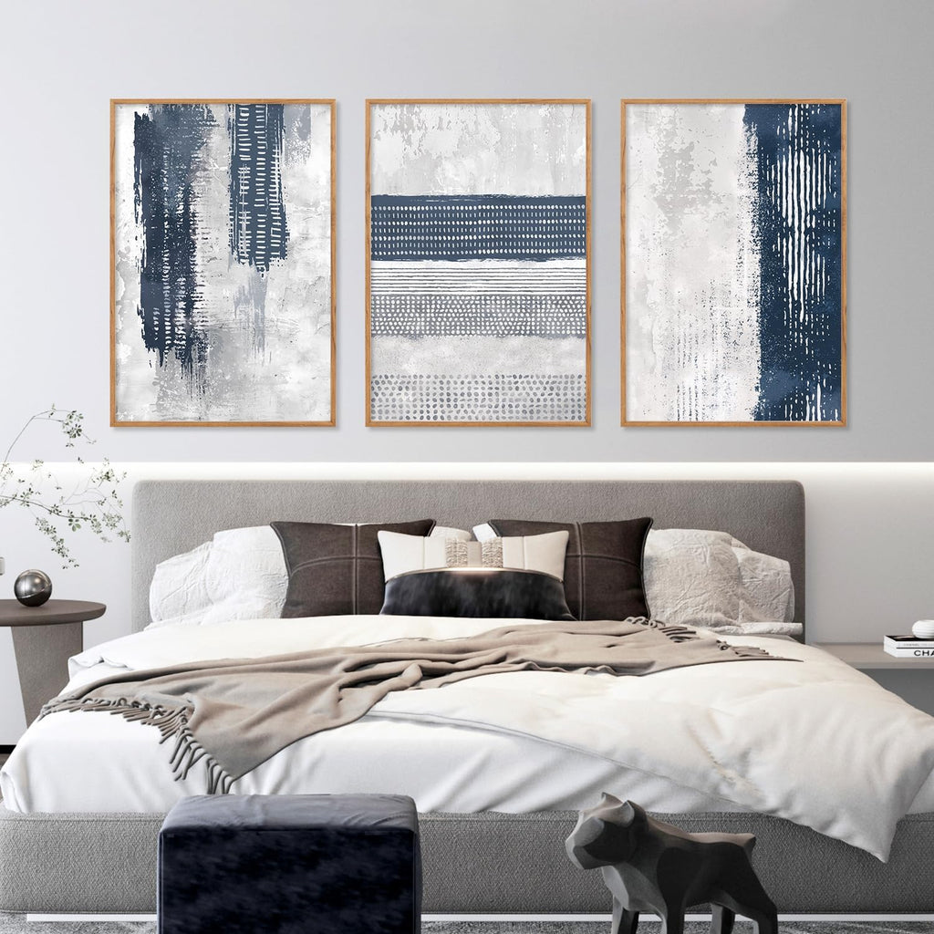 HLNIUC Navy Blue Abstract Framed Wall Art Set, Neutral Minimalist Canvas Wall Decor, Mid Century Modern Wall Painting, Grey Geometric Art Print for Living Room, Bedroom, Office - 24'x36'x3