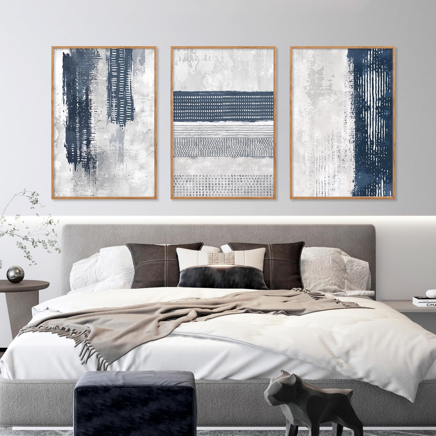 HLNIUC Navy Blue Abstract Framed Wall Art Set, Neutral Minimalist Canvas Wall Decor, Mid Century Modern Wall Painting, Grey Geometric Art Print for Living Room, Bedroom, Office - 24'x36'x3