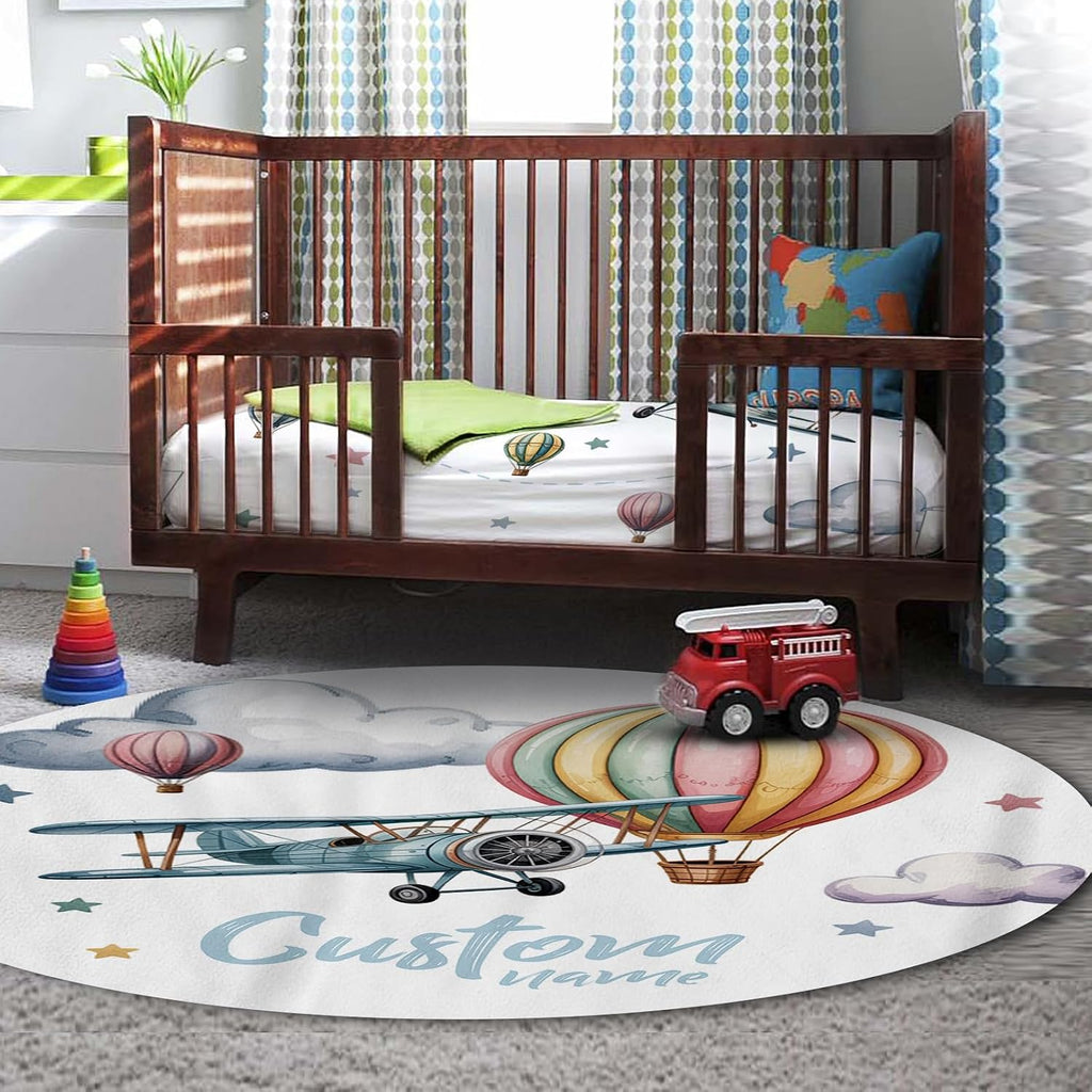 Personalized Crib Bedding Set for Baby Boys, Custom Name Baby Crib Sets 5-Pcs Include Toddler Double Layer Blanket Fitted Sheet Changing Pad Cover Rug Wall Art Set, Airplane Cloud Design Nursery Décor