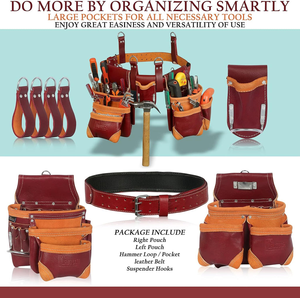 Grain Leather Tool Belt | Tool Rig Set | Tool Pouch | Drywall | Carpenter Tool Bag | Leather Tool Belts for Men | Construction | Framers | Electrician (Maroon)