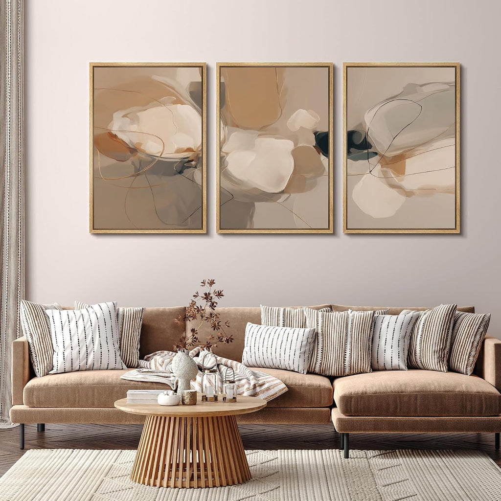 SIGNFORD Framed Canvas Print Wall Art Set Abstract Organic Flow Earthy Tones with Gentle Curves Illustrations Modern Art Relax/Calm for Living Room, Bedroom, Office - 24'x36'x3 Natural