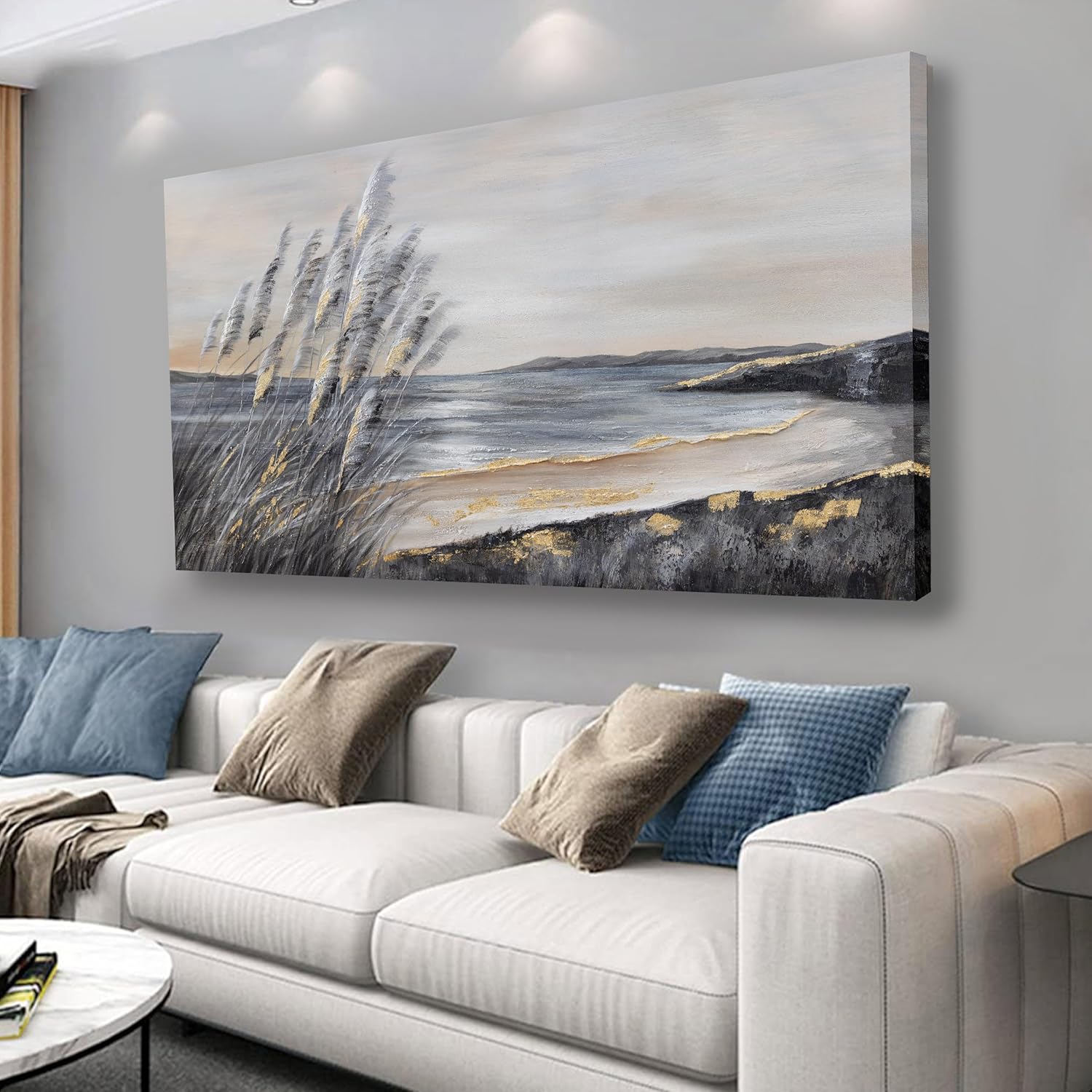 Yuaxker Ocean Art Wall Decor Grey and Gold Ocean Wall Art Large Modern Prints Trendy Canvas Painting for Living Room, Bedroom, Dining Room Office Home Decor 30x60 inch