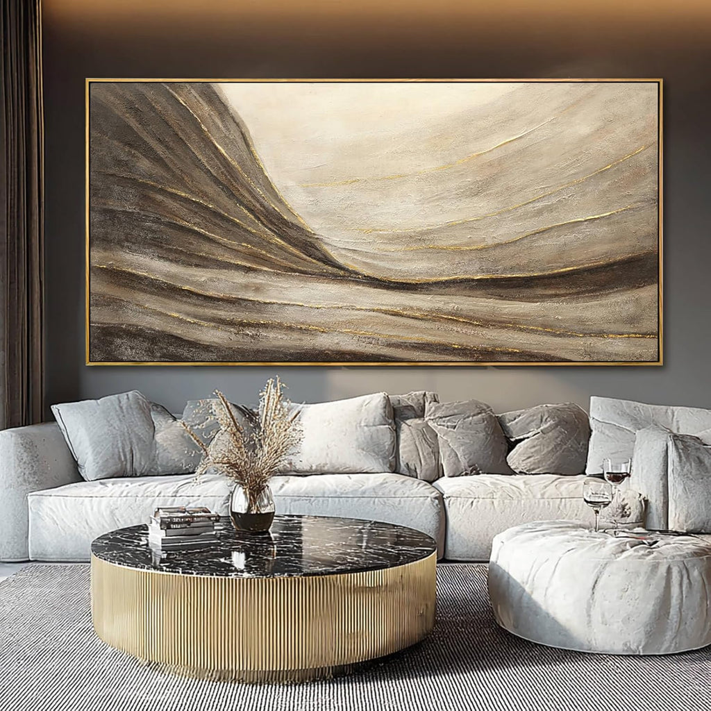 Textured Abstract Wall Decor with Framed Brown Canvas Art Gold Accents Modern Large Artwork for Bedroom Living Room 29x58 Inch