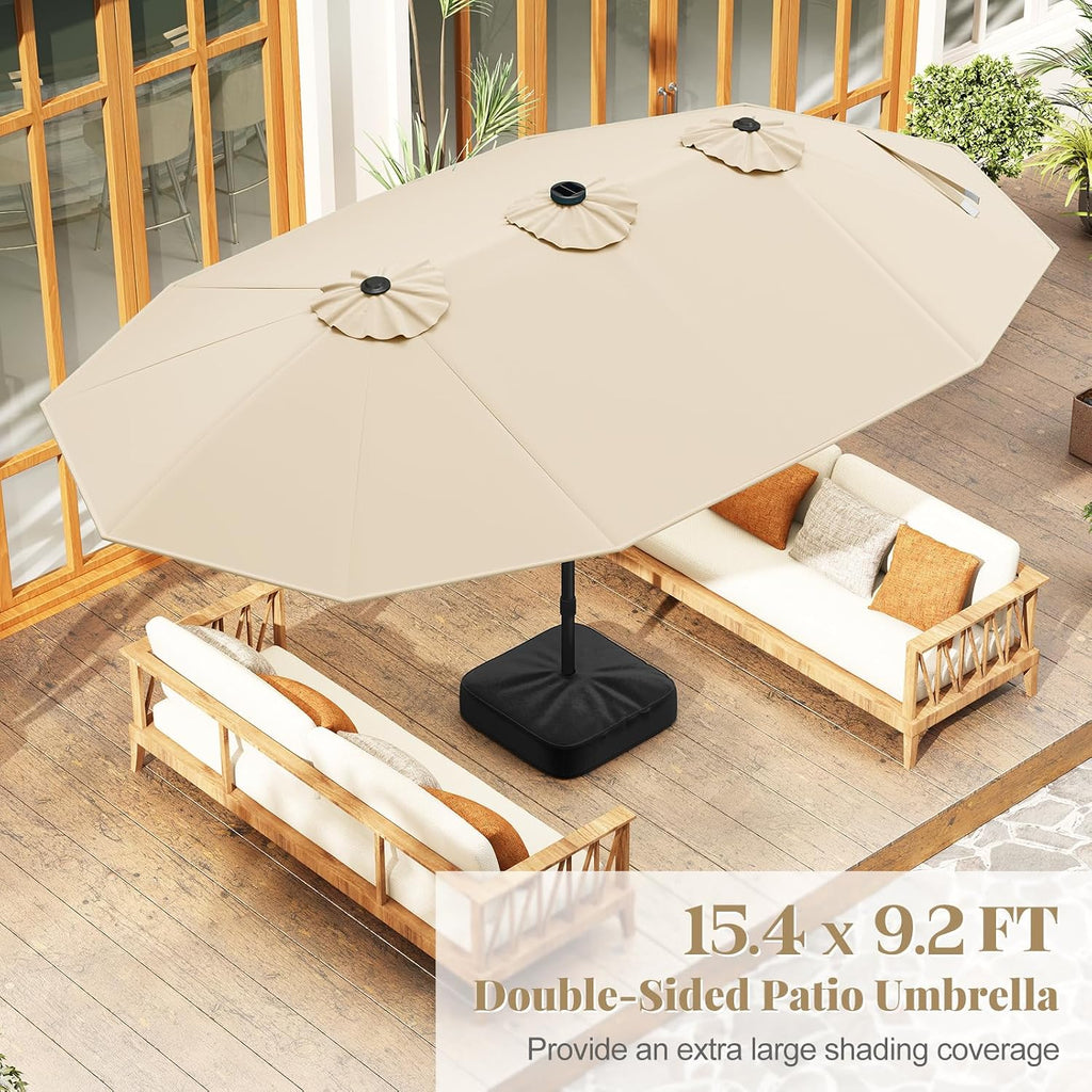 Tangkula 15FT Double-Sided Solar Patio Umbrella, Extra-Large Outdoor Twin Umbrella with 48 LED Lights, Vented Top, Crank Handle, 12 Ribs, Weighted Base Included for Backyard Poolside Deck (Beige)
