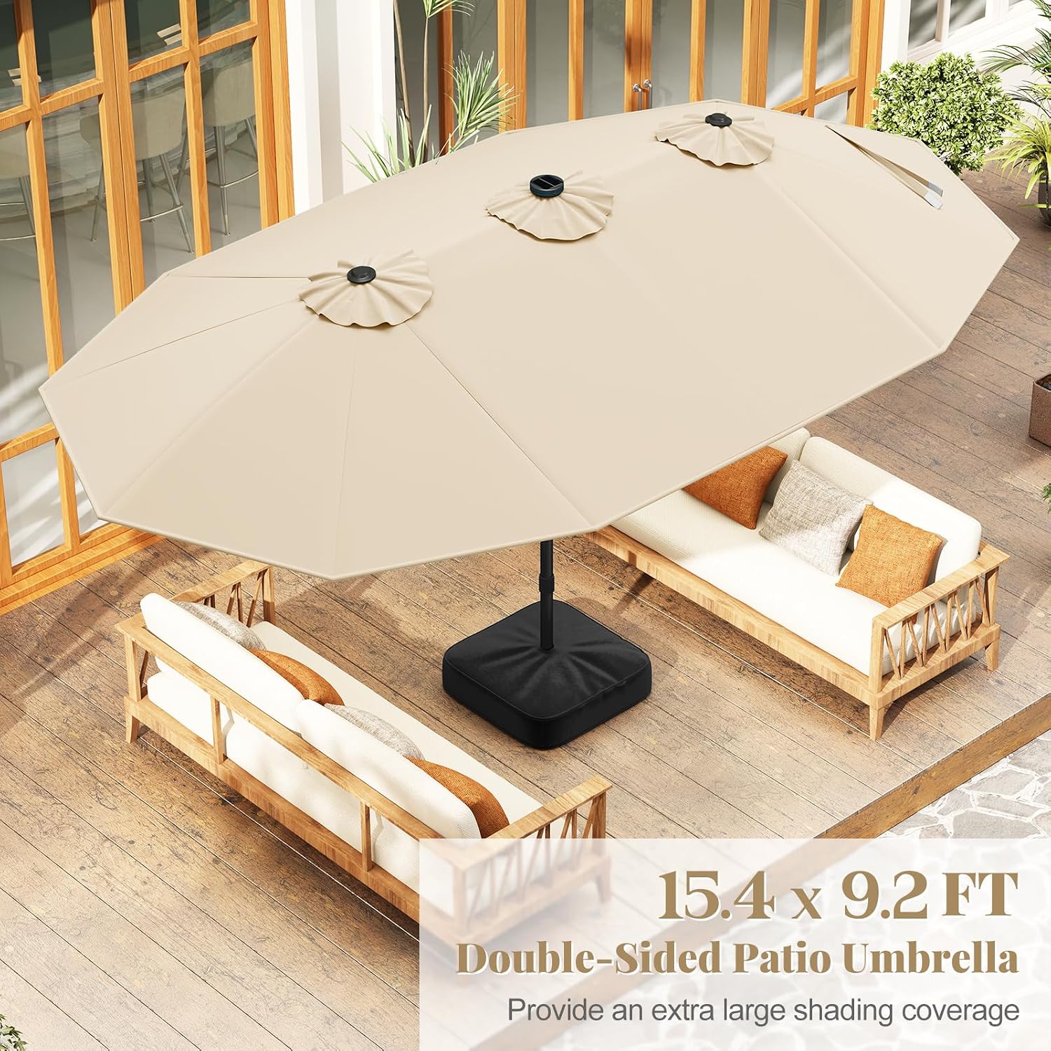 Tangkula 15FT Double-Sided Solar Patio Umbrella, Extra-Large Outdoor Twin Umbrella with 48 LED Lights, Vented Top, Crank Handle, 12 Ribs, Weighted Base Included for Backyard Poolside Deck (Beige)