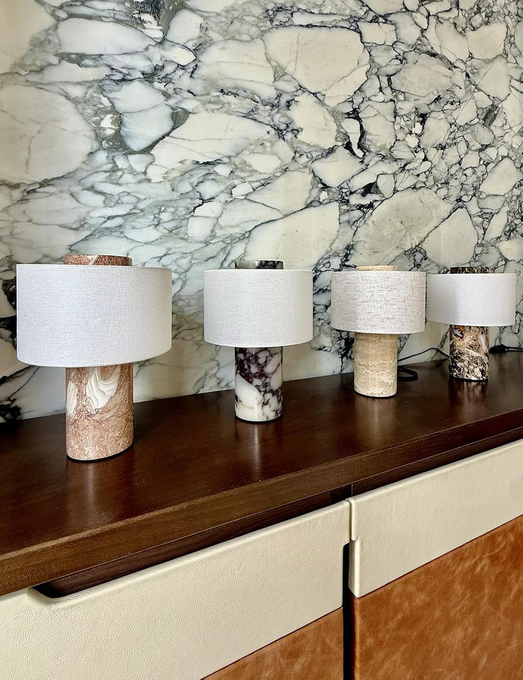BSOD Marble Lamp, Stone Table Lamps Collection - Modern Cylindrical Lampshade Cordless Luxury Design Bedside Lamp for Home Decor, Bedroom, Living Room & Office (Rechargeable Emperador Dark Lamp)