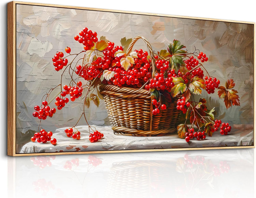 PHAOHUAXM Canvas Wall Art For Living Room Restaurant Wall Decoration For Office Bedroom Bathroom Abstract Red Fruit Mural Wooden Frame Printing Picture Artworks Modern Home Decor Aesthetics 24'X48'