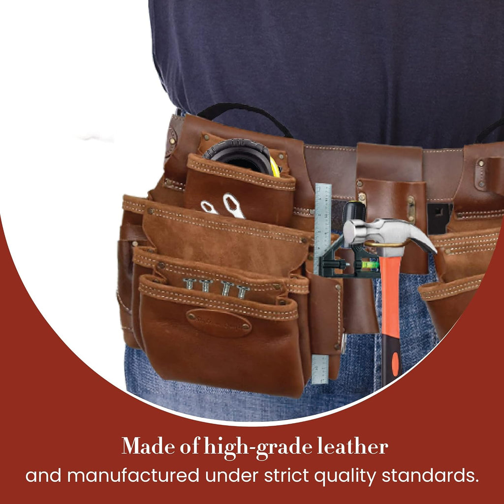 Style n Craft - 4 Piece and 19 Pockets Pro Framer's Combo, Tool Belt with 2 Tool Pouches and 1 Pliers and Hammer Holder, Full-Grain Leather Carpenter Tool Belt Combo, Dark Tan (98444)