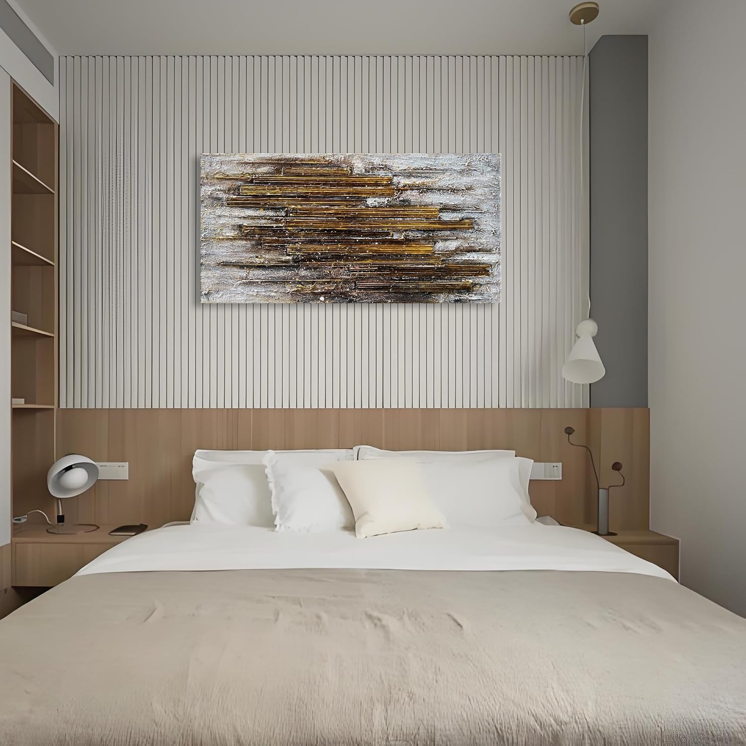 Hand Painted 24x48 inch White and Gold Abstract Wall Decoration Oil Painting Thick Texture Minimalist Art