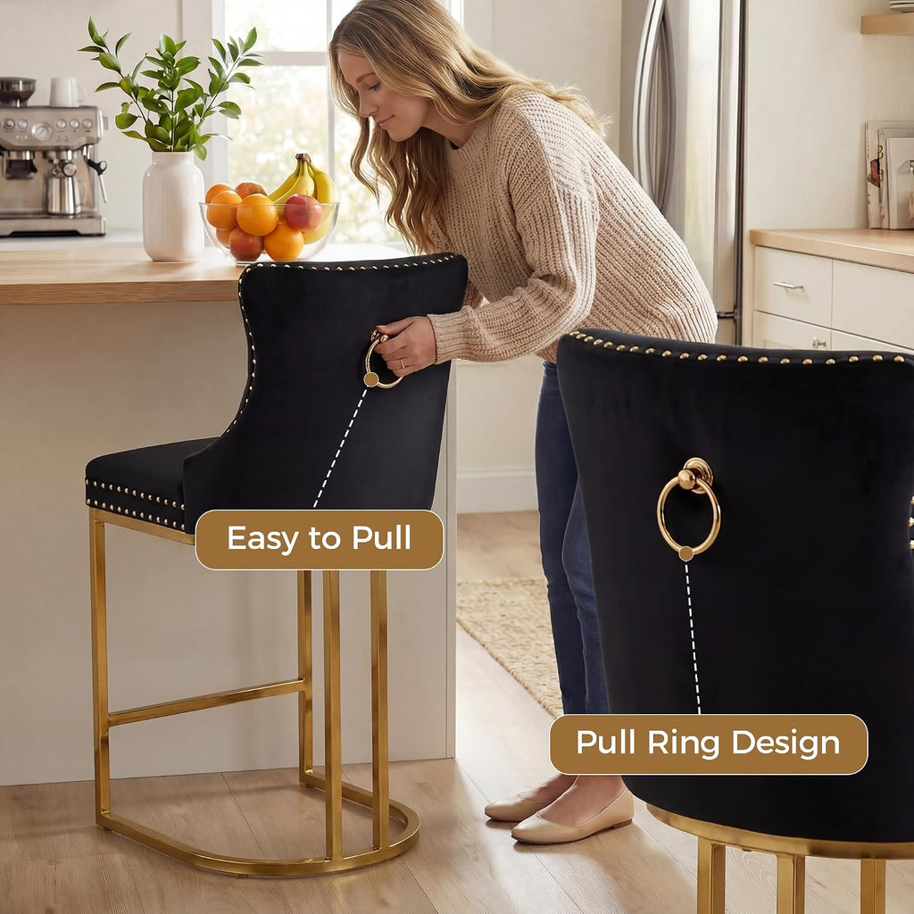 AQO 26 Inch Bar Stools Set of 3, Modern Counter Height Bar Stools with Gold Legs, Upholstered Velvet Counter Stools for Kitchen Island, Black