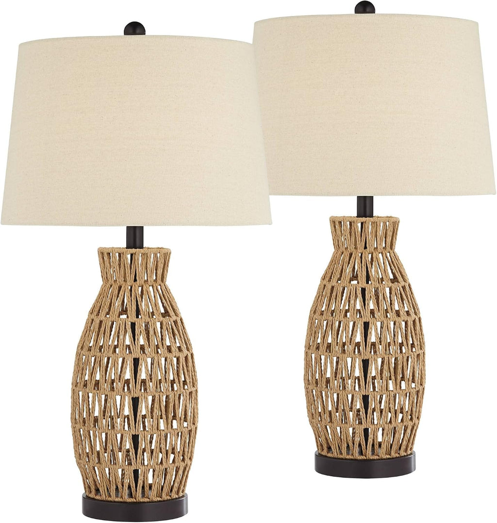360 Lighting San Carlos Coastal Cottage Core Nautical Modern Table Lamps 29' Tall Set of 2 Natural Rattan Wicker Oatmeal Fabric Drum Shade for Living Room Bedroom House Bedside Nightstand Home