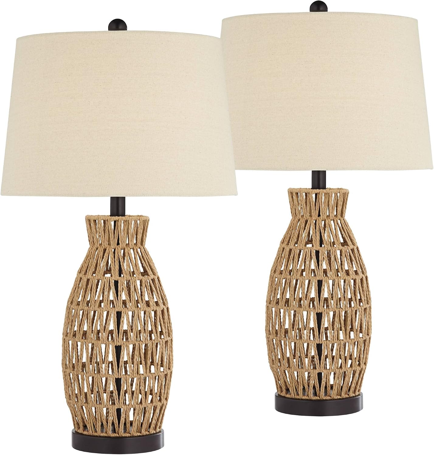 360 Lighting San Carlos Coastal Cottage Core Nautical Modern Table Lamps 29' Tall Set of 2 Natural Rattan Wicker Oatmeal Fabric Drum Shade for Living Room Bedroom House Bedside Nightstand Home