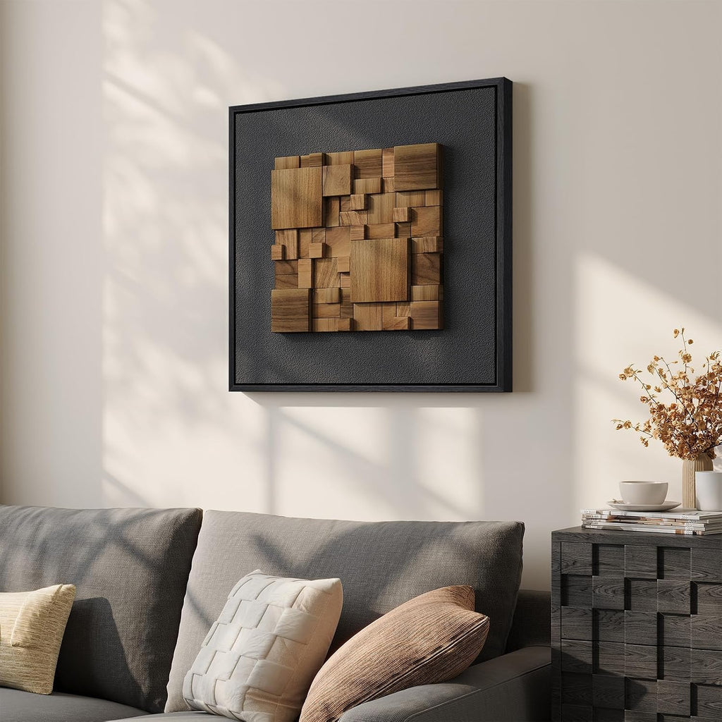 Framed 3D Textured Wood Abstract Wall Art Decor for Living Room, Modern Square Geometric Wooden Artwork for Walls, Minimalist Black Sandstone Wall Decor for Hallway, Kitchen, Bedroom, Office, 20x20