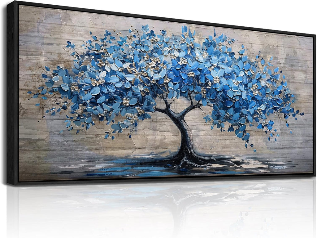 ERQINHUA Large Canvas Blue Tree Printed Painting Wall Decor For Living Room Office Wall Art For Bedroom Abstract Farmhouse Restaurant Mural Artwork Picture Home Decoration Black Framed 32x72 In