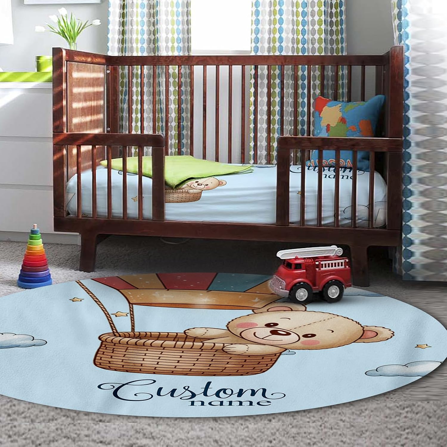 Personalized Crib Bedding Set for Baby Boys Girls, Custom Name Baby Crib Sets 5-Pcs - Toddler Double Layer Blanket Fitted Sheet Changing Pad Cover Rug Wall Art Set, Hot Air Balloon Theme Nursery Décor