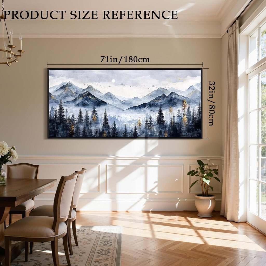 SERIMINO Extra Large Framed Mountain Forest Wall Art, 32'x71', Misty Pine Tree Watercolor in Blue Gold, Nature Scenery Canvas Wall Decor for Living Room, Bedroom, Office Decor