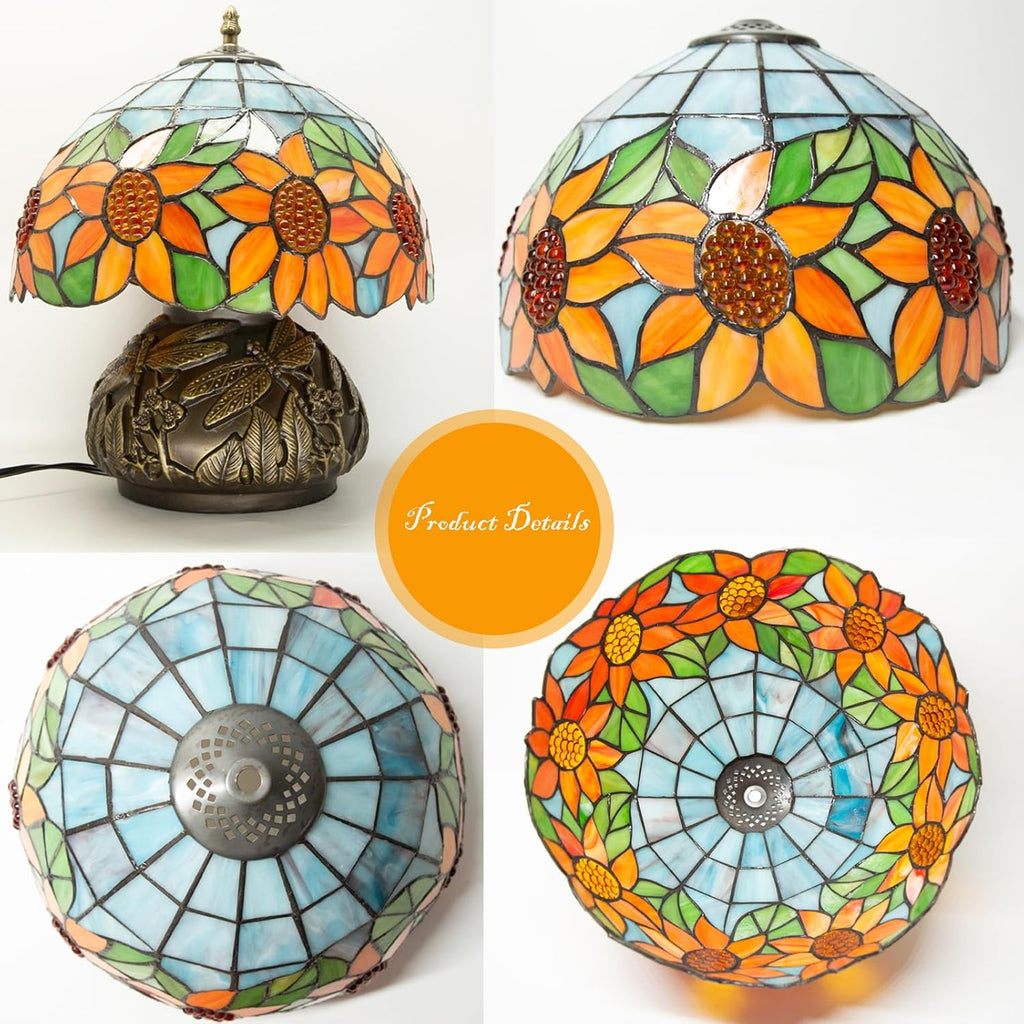 Tiffany Table Lamp,12 Inch Stained Glass Table Lamp,Mushroom Style Vintage Desk Lights Included E26 LED with Remote Control for Bedside,Bedroom,Living Room(Sunflower)