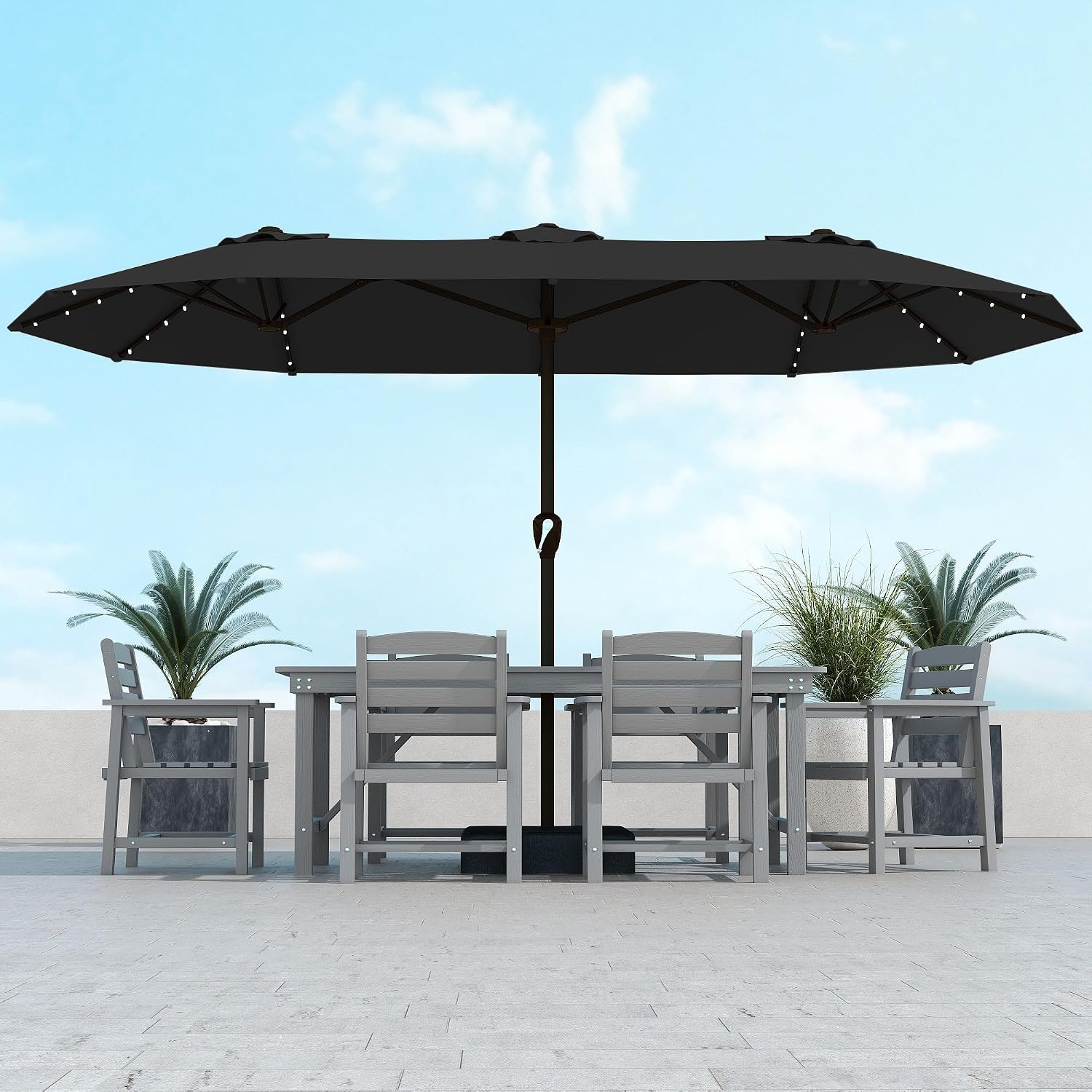 Kingdura 15ft Large Patio Umbrella with Solar Lights, Double-Sided Rectangle Lighted Outdoor Table Umbrella with Base Included, 12 Reinforced Ribs, 48 Led Lights, Crank Lift for Market Pool Deck Backyard, Black