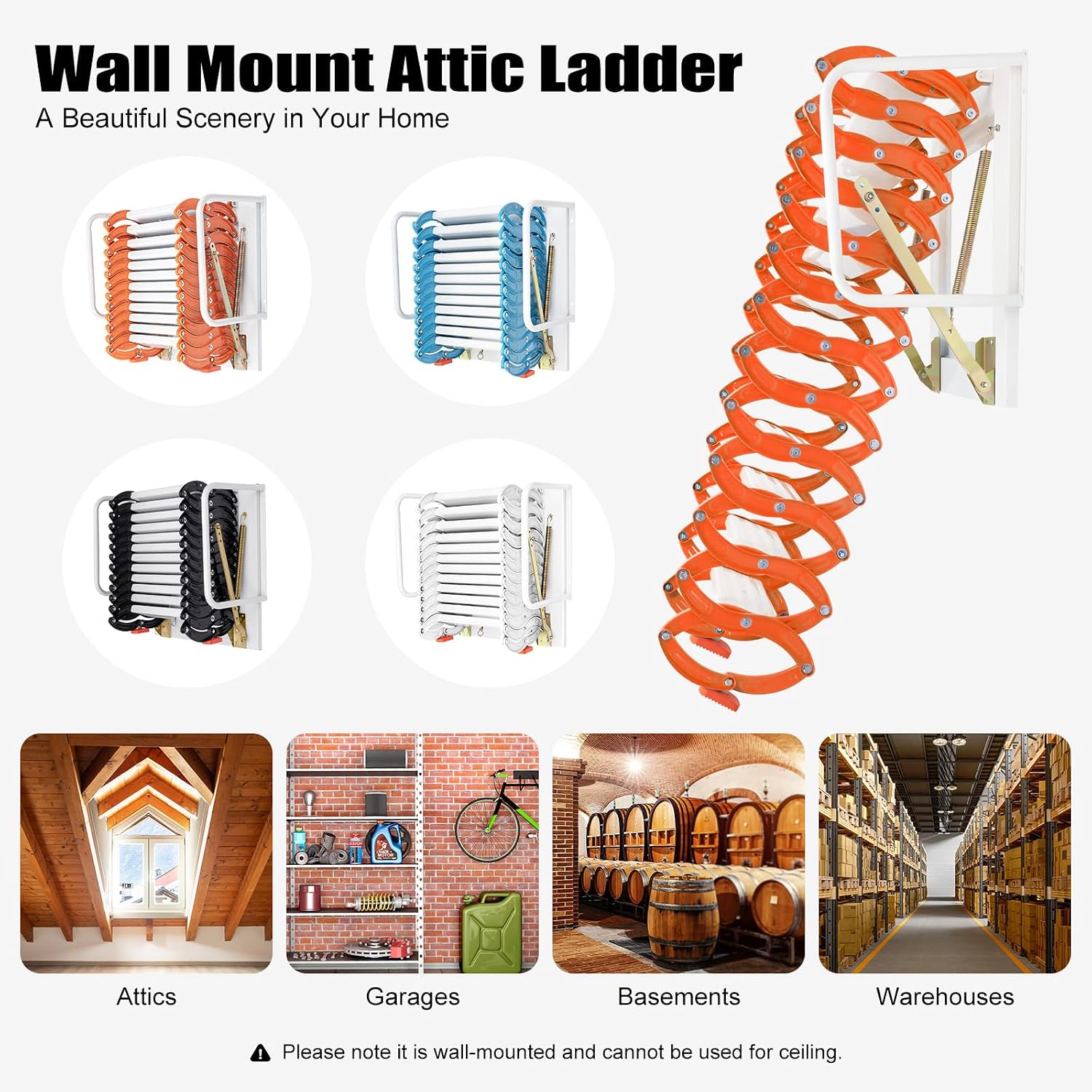 12 Steps Attic Ladder, Wall Mounted Pull Down Loft Steps Folding Stairs, 9.5-10.1Ft Height Aluminum Alloy Narrow Attic Extension Ladder w/Armrests for Basements Warehouses (12,Orang)