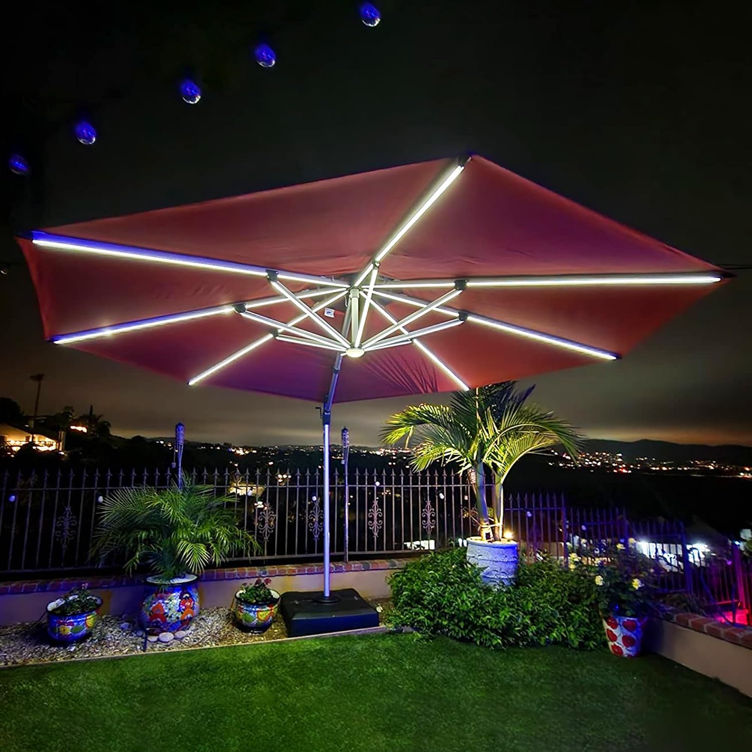 PURPLE LEAF 12ft Solar powered LED Patio Umbrella Outdoor Round Large Cantilever Umbrella with LED lights Windproof for Garden Deck Pool Patio, Brick Red