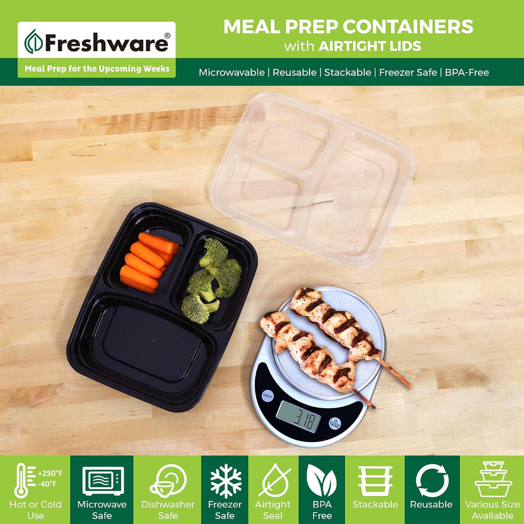 Freshware Meal Prep Containers 50 Count, 3 Compartment Food Storage Containers with Lids, Bento Box, BPA Free, Stackable, Microwave/Dishwasher/Freezer Safe (24 oz) (Pack of 6)