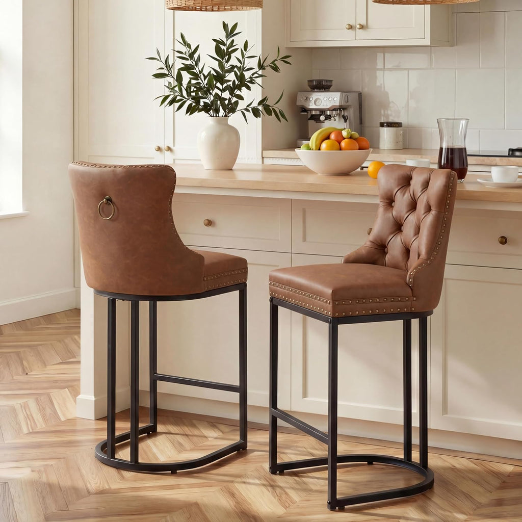 AQO Counter Height Bar Stools Set of 2 for Kitchen Island, Modern Bar Stools with Backs, 26 Inch Barstools with Upholstered Faux Leather Seat and Footrest, Brown