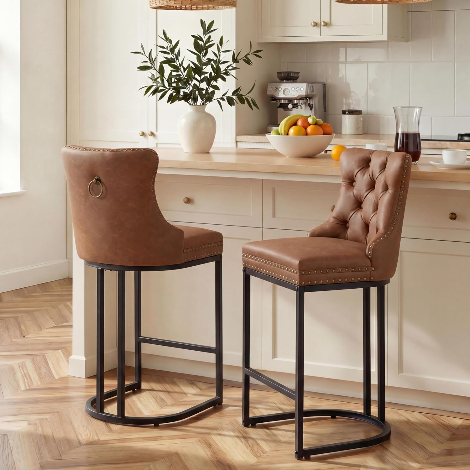 AQO Counter Height Bar Stools Set of 2 for Kitchen Island, Modern Bar Stools with Backs, 26 Inch Barstools with Upholstered Faux Leather Seat and Footrest, Brown