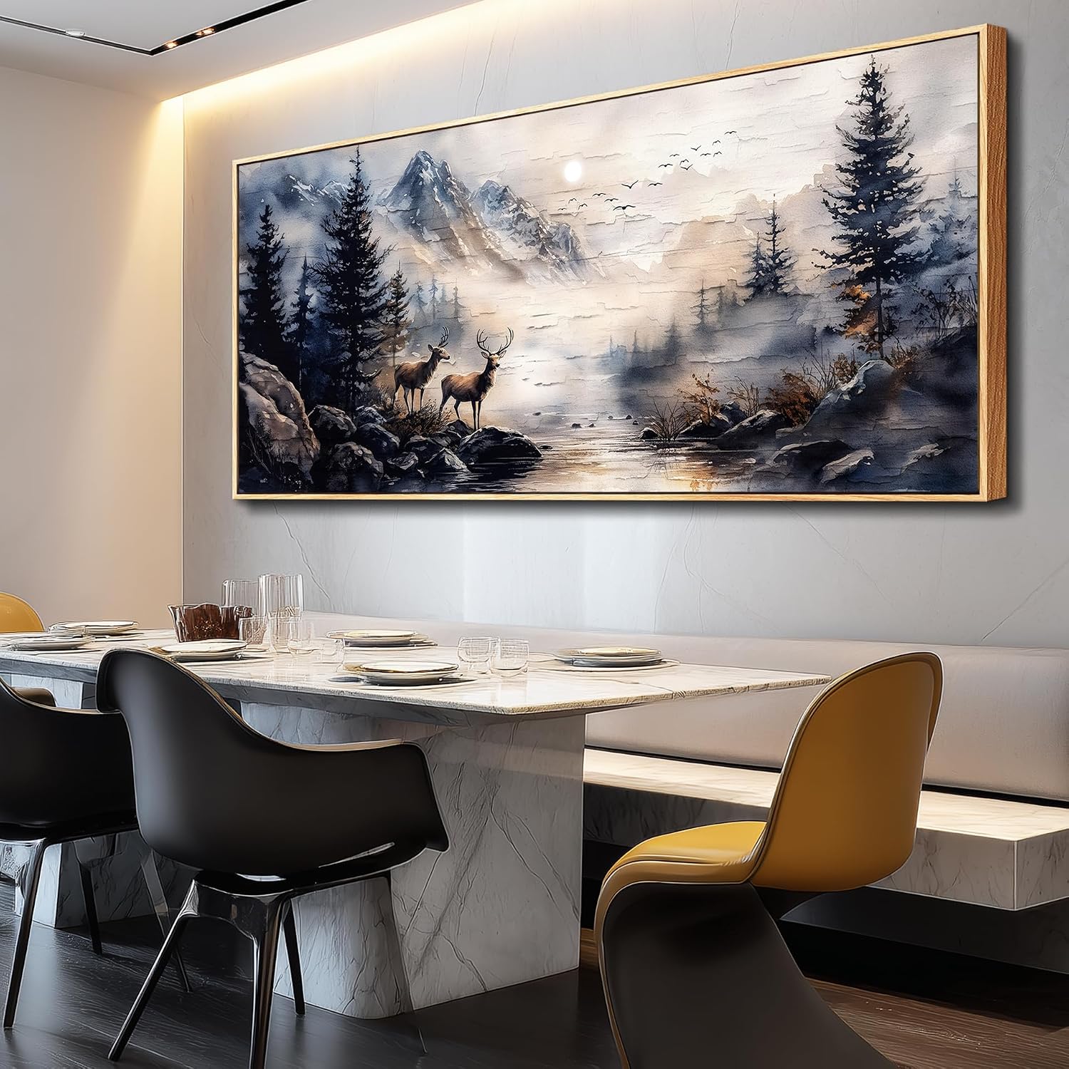 ERQINHUA Modern Abstraction Ink Painting Elk Forest landscape Large Canvas Wooden Frame Wall Art For Bedroom Wall Decor For Living Room Restaurant Office Printed Art Home Decor Ready To Hang32 X72