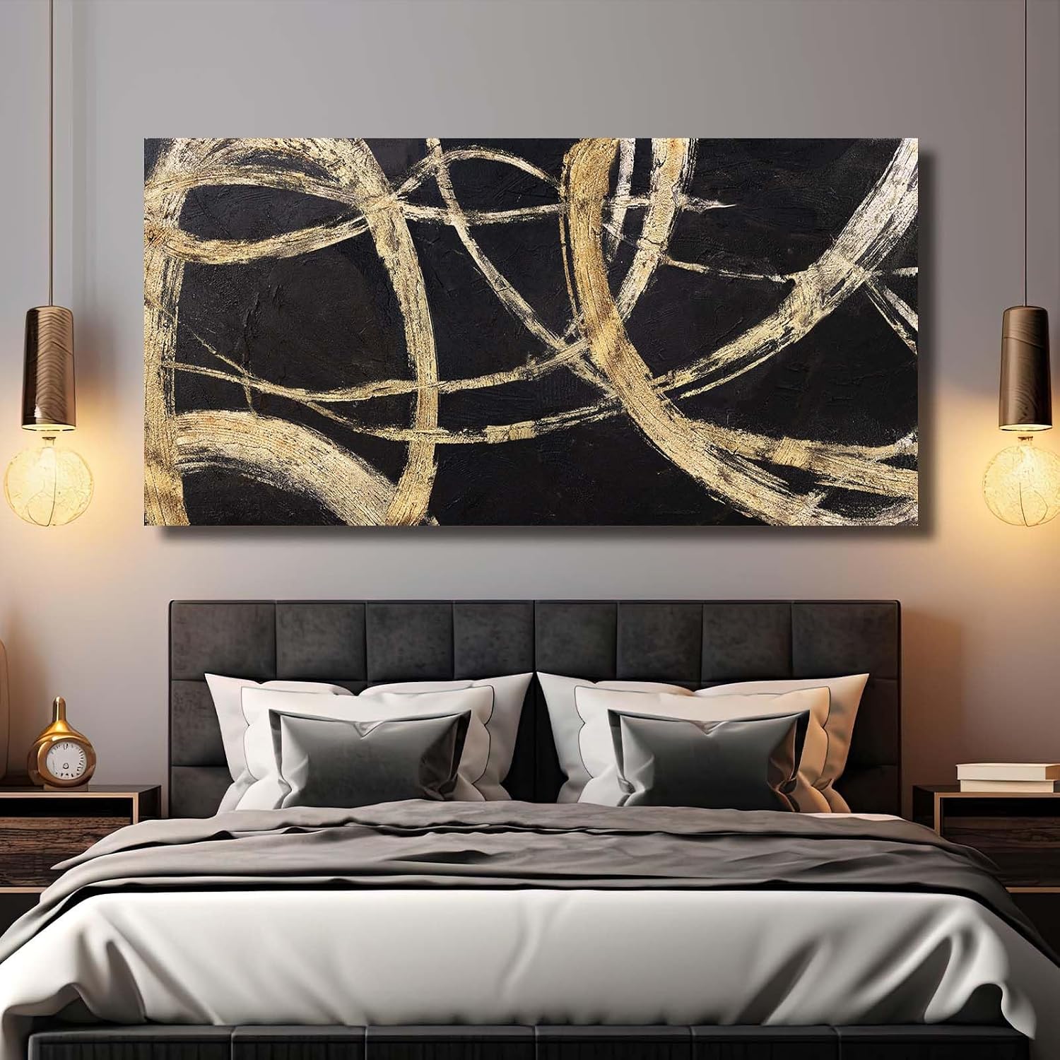 VAYIMDH Black And Gold Pictures for Living Room Black Wall Decor Minimalist Wall Decorations Abstract Wall Paintings 29'x 58' for Office